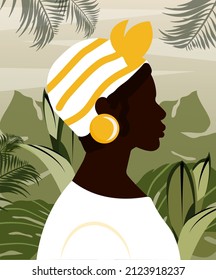 African woman on jungle background. Traditional character in ethnic clothes, girl in profile. Exotic and tropical forest. Minimalistic poster, magazine cover design. Cartoon flat vector illustration