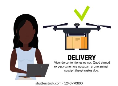 african woman operator drone flying geo tag delivery air package mobile application shipment carry quadcopter navigation isolated horizontal flat copy space