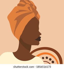 African woman with an orange headdress. Vector abstract portrait. Modern poster