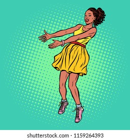 African woman outstretched hands. Pop art retro vector illustration kitsch vintage drawing