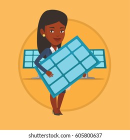 African woman with panel in hands standing on the background of solar power plant. Worker of solar power plant holding solar panel. Vector flat design illustration in the circle isolated on background