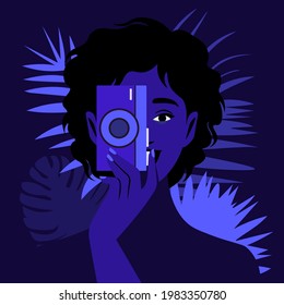 An African woman photographer holds a camera and takes a picture. Tourist and blogger in the night forest. Vector flat illustration