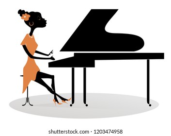 African woman pianist illustration. Cartoon African woman pianist is playing music isolated on white 
