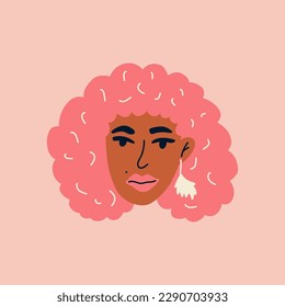 African woman with pink hair, mole and jewelry in her ears. Avatar of a girl for a social network. Portrait of african american female character isolated on background. Vector flat illustration