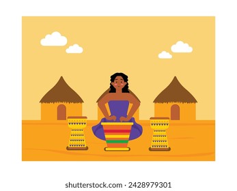 African woman playing a typical musical instrument outdoors, village performance. Character design. Vector flat illustration