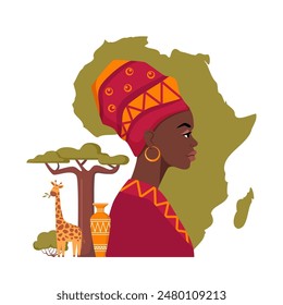 African woman portrait in ethnic turban, silhouette, Africa continent map, trees, wild animals. Africa Motherland. Afro design, Safari tribal logo banner. Vector