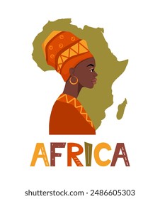 African woman portrait in ethnic turban, silhouette, Africa continent map. Africa Motherland. Afro design, Safari tribal logo banner. Vector