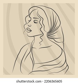 African woman portrait line drawing illustration beige poster.