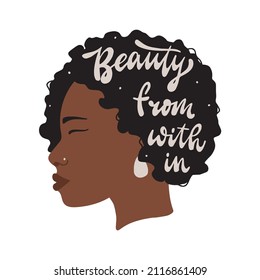 African woman portrait, profile, face with lettering inspirational  quote. Good for posters, prints, cards, stickers, sublimation, apparel decor, etc. EPS 10