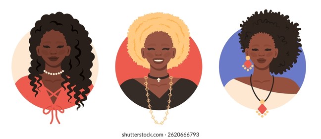 African Woman portrait set. African American girls Avatars. Female model in different style and outfit. Black women face with hairstyles, emotions, accessories. Vector cartoon illustration