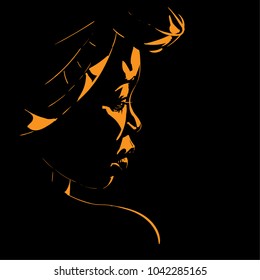 African Woman Portrait Silhouette In Backlight Vector. Illustration