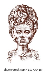 African woman, portraits of Aborigines in traditional costumes. Warlike native female. Engraved hand drawn old monochrome Vintage sketch for label.