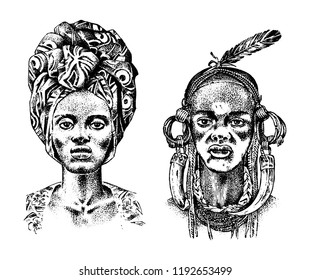 African woman, portraits of Aborigines in traditional costumes. Warlike native female. Engraved hand drawn old monochrome Vintage sketch for label.