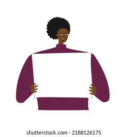 African woman protester holding empty poster in her hands. Feminism concept doodle drawing. Young woman feminist demonstration. 