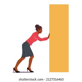 African Woman Pushing Huge Rectangle Shape. Concentrated Businesswoman Character Complicated Challenge, Goal Achievement, Leadership, Business Competition Concept. Cartoon People Vector Illustration