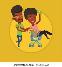 African woman pushing a shopping trolley with her friend. Couple of carefree friends having fun while riding by shopping trolley. Vector flat design illustration in the circle isolated on background