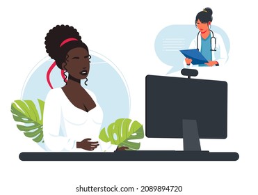 African woman receives online doctor consultation at home. Doctor recommends medications via video link. Live chat. Patient meets with an online doctor via the laptop application. Vector illustration