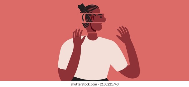 African woman as refugee with PTSD. Flat vector stock illustration. Victim of military events. Concept of mental problems and generalization
