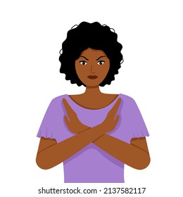 African woman refuse or reject hand gesturing in flat design on white background. No means no concept.