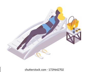 African woman relaxing on sunbed. Isometric scene with vacation accessories. Vector 3d illustration good for tropical hotel and beach resort