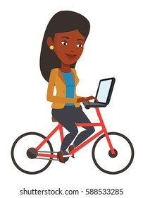 African woman riding a bicycle to work. Businesswoman with laptop on a bike. Businesswoman working on a laptop while riding a bicycle. Vector flat design illustration isolated on white background.