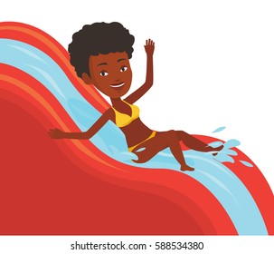 African woman riding down a water slide at the aquapark. Woman having fun on a water slide in waterpark. Woman going down a water slide. Vector flat design illustration isolated on white background.