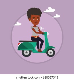 African woman riding a scooter outdoor. Woman driving a scooter. Woman enjoying his trip on a scooter. Girl traveling on a scooter. Vector flat design illustration in the circle isolated on background