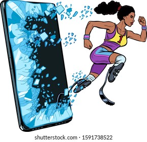 african woman runner disabled leg with prosthesis Phone gadget smartphone. Online Internet application service program. Pop art retro vector illustration drawing vintage kitsch