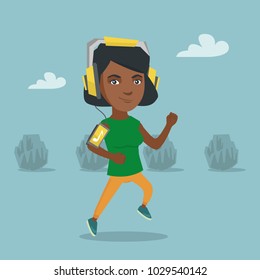 African woman running with earphones and armband for smartphone. Young woman using a smartphone with armband to listen to music while jogging in the park. Vector cartoon illustration. Square layout.