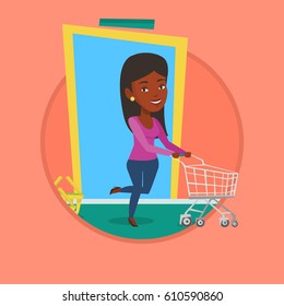 African woman running into the shop with shopping trolley. Woman rushing to shopping. Customer pushing an empty shopping trolley. Vector flat design illustration in the circle isolated on background