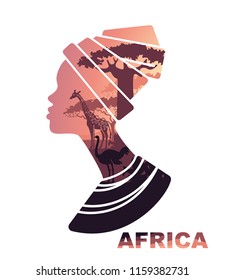 African woman s head silhouette with sunset view. African landscape with giraffe, acacia and baobab