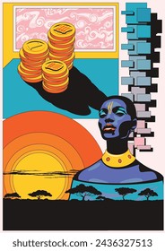 African Woman, Savanna Panorama Silhouette, Sunset, Golden Coins, Abstract Forms Background, Colorful Poster Template 