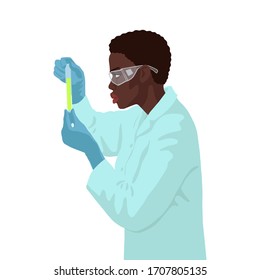 African woman scientist analyzes results in the chemistry lab. Process of vaccine research. Side view. Flat hand drawn illustration on white background.