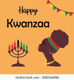 African woman with seven candles in a candlestick. Happy Kwanzaa greeting card. African and African-American culture holiday.