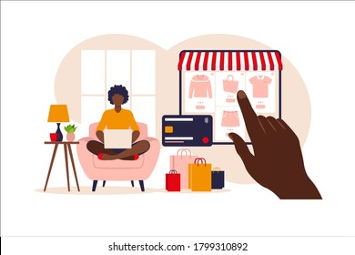 African woman shopping online on laptop. Vector illustration. Online store payment. Bank credit cards. Digital pay technology. E-paying. Flat style modern vector illustration.