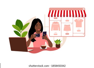 A african woman is shopping online using a laptop. Pay for purchases with a credit card over the Internet. The concept of online payments and electronic purchases, shopping. Vector illustration. Flat.