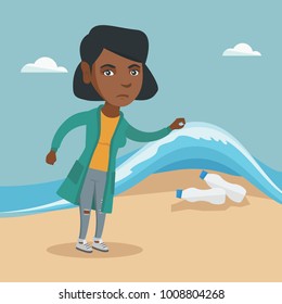 African woman showing plastic bottles under sea water. Young woman collecting plastic bottles from water. Water pollution and plastic pollution concept. Vector cartoon illustration. Square layout.