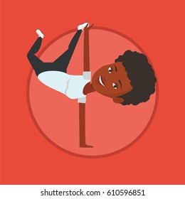 African Woman Showing Skills In Break Dance. Breakdance Dancer Doing Handstand. Young Woman Dancing. Happy Woman Breakdancing. Vector Flat Design Illustration In The Circle Isolated On Background.