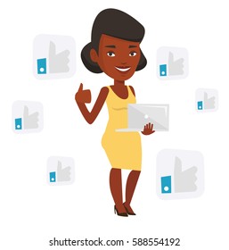 African woman showing thumb up and like social network buttons around her. Woman with laptop and like social network buttons with thumb up. Vector flat design illustration isolated on white background