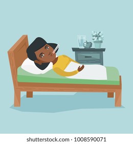 African woman sick with fever laying in bed. Sick woman measuring temperature with a thermometer in her mouth. Sick woman suffering from cold or flu virus. Vector cartoon illustration. Square layout