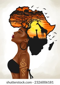 African woman side profile with hair in the shape of a map of Africa