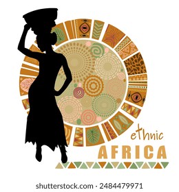 African woman silhouette with ethnic patterns on white background. Vector illustration