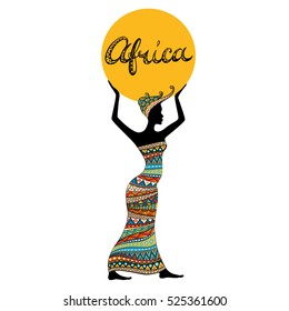 African woman silhouette and hand drawn title. Doodle style freehand lettering. Girl in ethnic headdress and cloth with fancy tribal ornament. Africa theme. Vector illustration.