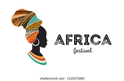 Silueta de mujer africana con un mapa africano como envoltura de cabeza. Diseño de conceptos e ilustración