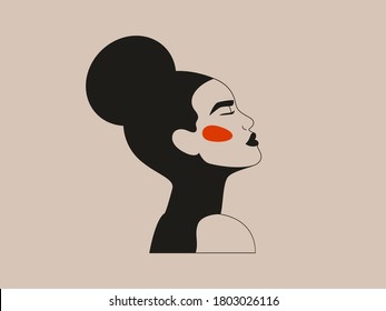 African woman silhouette in simple minimal linear style. Side view Black beautiful female portrait isolated from background. Vector logo, design template, fashion illustration for print