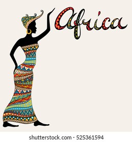 African woman silhouette and title. Doodle style freehand lettering. Girl in ethnic headdress and cloth with bright colored tribal ornament. Africa theme. Poster or card template. Vector illustration.