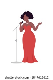 African woman singer flat color vector faceless character. Jazz musician sing in microphone. Karaoke night. Female performer isolated cartoon illustration for web graphic design and animation