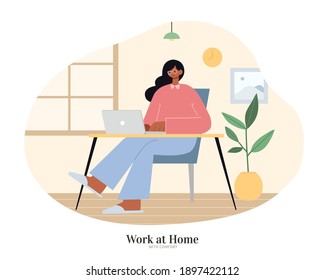 African woman sitting at desk and using laptop. Flat illustration, concept of chilling home office, freelancing and work from home.