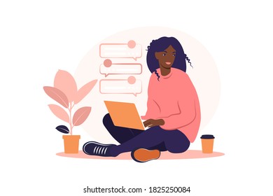 African woman sitting with laptop. working Concept illustration for, studying, education, work from home, healthy lifestyle. Can use for backgrounds, infographics, hero images. Flat. Vector.