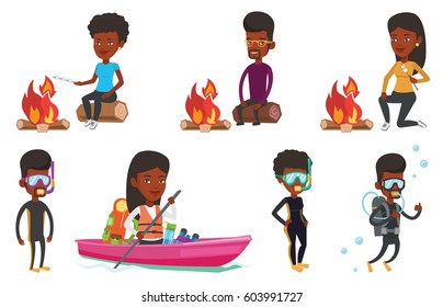 African woman sitting near campfire at campsite. Woman sitting on a log near campfire. Woman roasting marshmallow over campfire. Set of vector flat design illustrations isolated on white background.